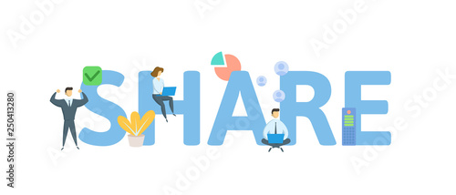 SHARE. Concept with people, letters and icons. Colored flat vector illustration. Isolated on white background.