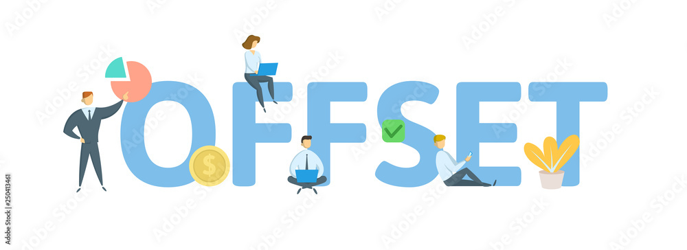 OFFSET. Concept with people, letters and icons. Colored flat vector illustration. Isolated on white background.