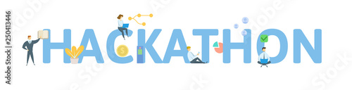 HACKATHON. Concept with people, letters and icons. Colored flat vector illustration. Isolated on white background.