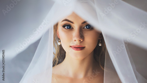 Beautiful bride with neutral makeup. A girl with incredible blue eyes. Close-up portrait of the bride. Wedding background.