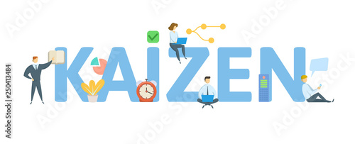 KAIZEN. Concept with people, letters and icons. Colored flat vector illustration. Isolated on white background.