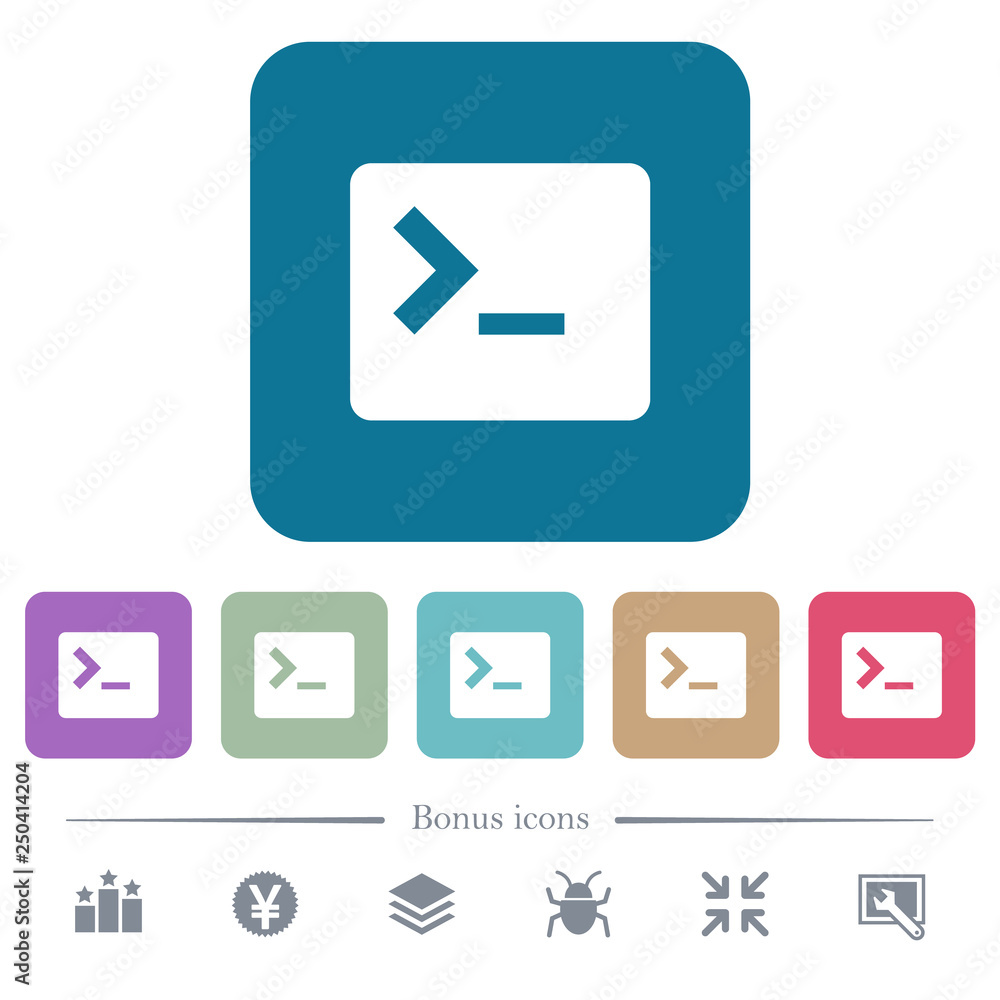 Command terminal flat icons on color rounded square backgrounds