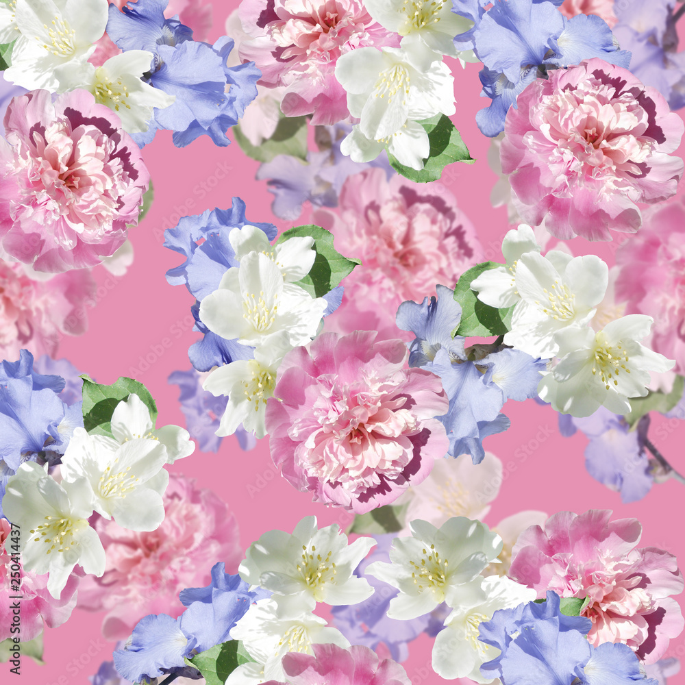 Beautiful floral background of irises, peonies and Jasmine Beautiful floral background of irises, peonies and Jasmine
