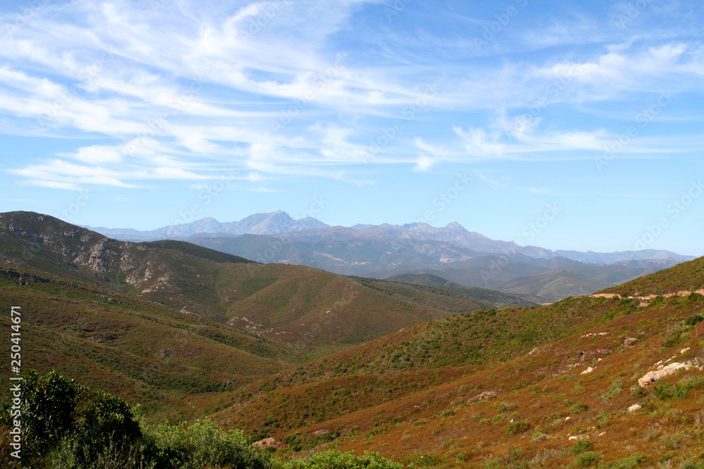Interior of Corsica viewed from the Desert des Agriates in the  North of the island