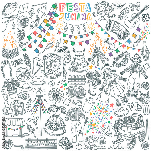 Festa Junina (Brazilian Midsummer Festival) party decoration. Hand drawn vector doodles set isolated on white background.