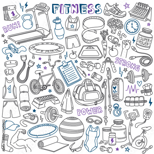 Fitness doodles set. Sport equipment, exercise machines and training accessories. Hand drawn vector illustration isolated on white background.