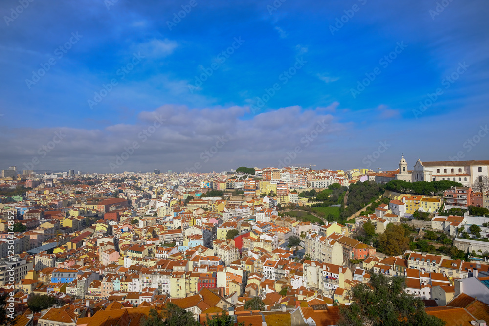 High aerial view of multicolored lisbon town skyline ,portugal
