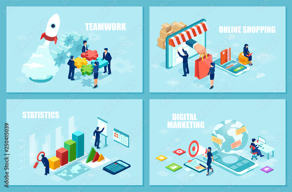 Set of isometric vector design templates for online shopping, startup strategy and financial analytics Set of isometric vector design templates for online shopping, startup strategy and financial analytics
