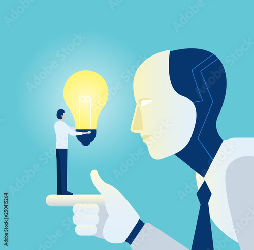 Vector of a robot learning from a businessman with bright idea light bulb