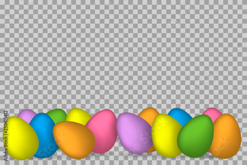 3D vector eggs as frame on transparent background for Easter greeting card, holiday poster, banner, invitation, Esater sales or promo, spring events. Holiday theme with color eggs on borders.