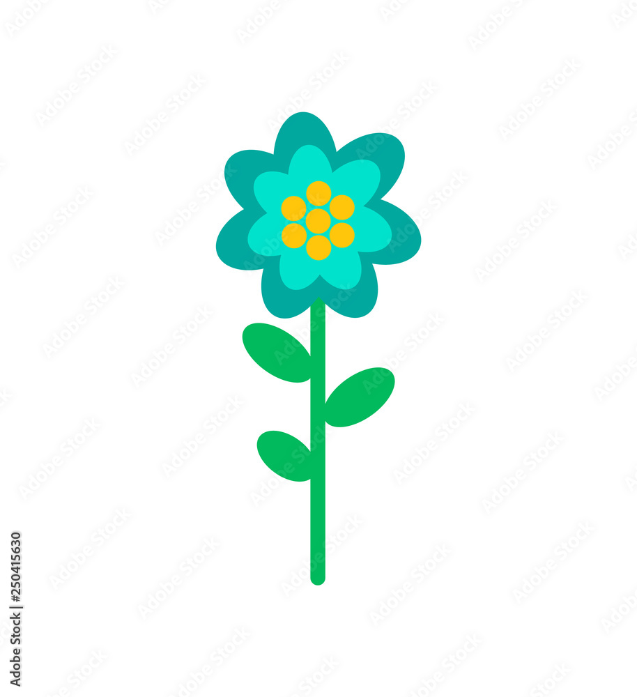 Flower doodle in blue and yellow color. Vector isolated blooming bud with green leaves and stem, botanical icon, flora element, romantic spring blossom