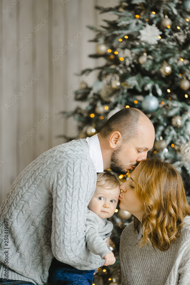 Christmas family portrait. Charming man, woman and their little son have fun posing before a Christmas tree in a bright room