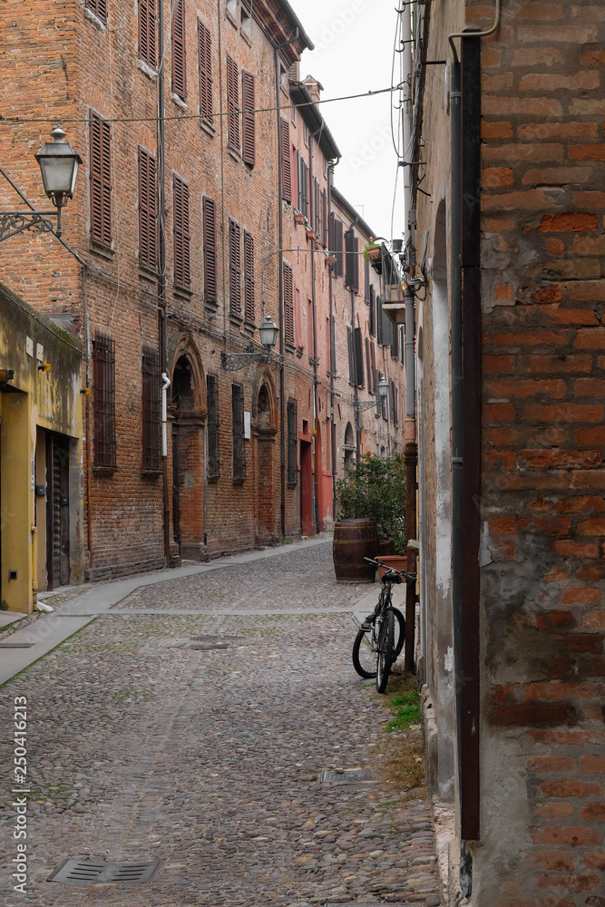 The streets of the Historic  Center of Ferrara, Italy. 27 January 2019