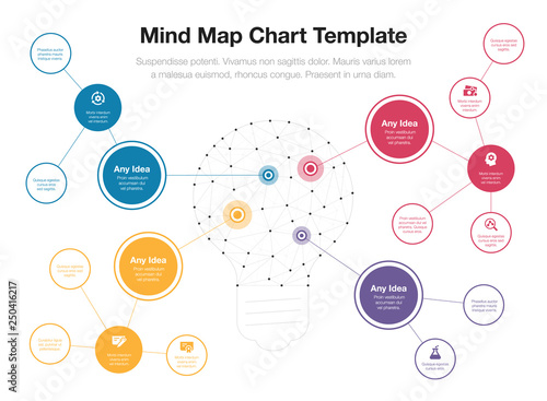 Simple infographic for mind map visualization template with light bulb as a main symbol, colorful circles and icons. Easy to use for your design or presentation.