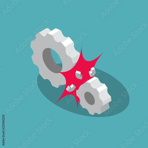 Denial of services (dos) attack symbol with broken gears, isolated on blue background. Flat design, easy to use for your website or presentation.