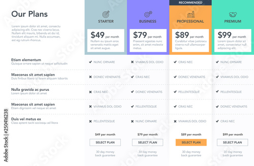 Price comparison table with description of features for commercial business web services and applications. Easy to use for your website or presentation.