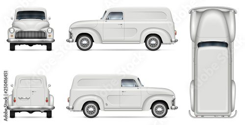 Retro delivery van vector mockup for vehicle branding, advertising, corporate identity. Isolated template of realistic old truck on white background. All elements in the groups on separate layers