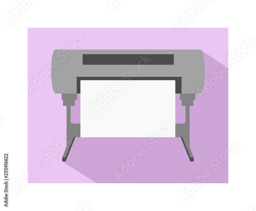 Vector flat simple icon of cmyk plotter – inkjet printing machine for large formats with dark shadow on a light violet background