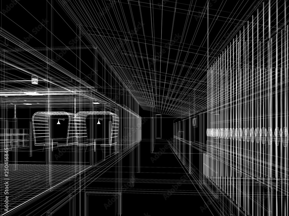 Fototapeta premium sketch design of interior hall, 3d rendering