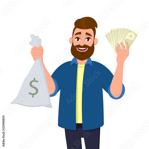 Successful young man is showing or holding money bag, cash bag and bunch of money, cash, currency, dollar bills, banknotes in hand. Wealthy, richness, business & finance concept illustration cartoon.
