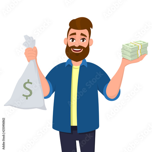 Happy young man is showing or holding money bag, cash bag and bunch of money, cash, currency, dollar bills, banknotes in hand. Wealthy, richness, business & finance concept illustration in cartoon.