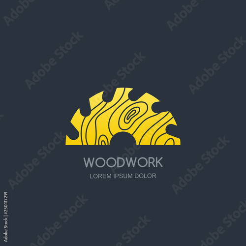 Woodwork and carpentry logo emblem concept. Circular saw with wooden rings texture, vector label icon design