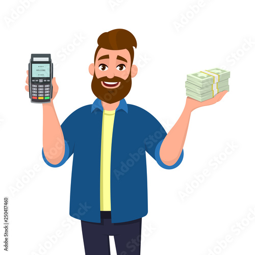 Man is showing or holding a POS terminal or credit, debit card swiping payment machine and bunch or cash, money, currency, bank notes in hand. Business, finance,digital payment, cashless concept.