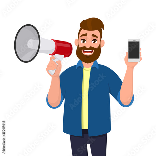 Young man holding a megaphone or loudspeaker and showing a mobile, cell, smart phone in hand. Announcement, sales, offer, product introduction concept illustration in vector cartoon flat style.
