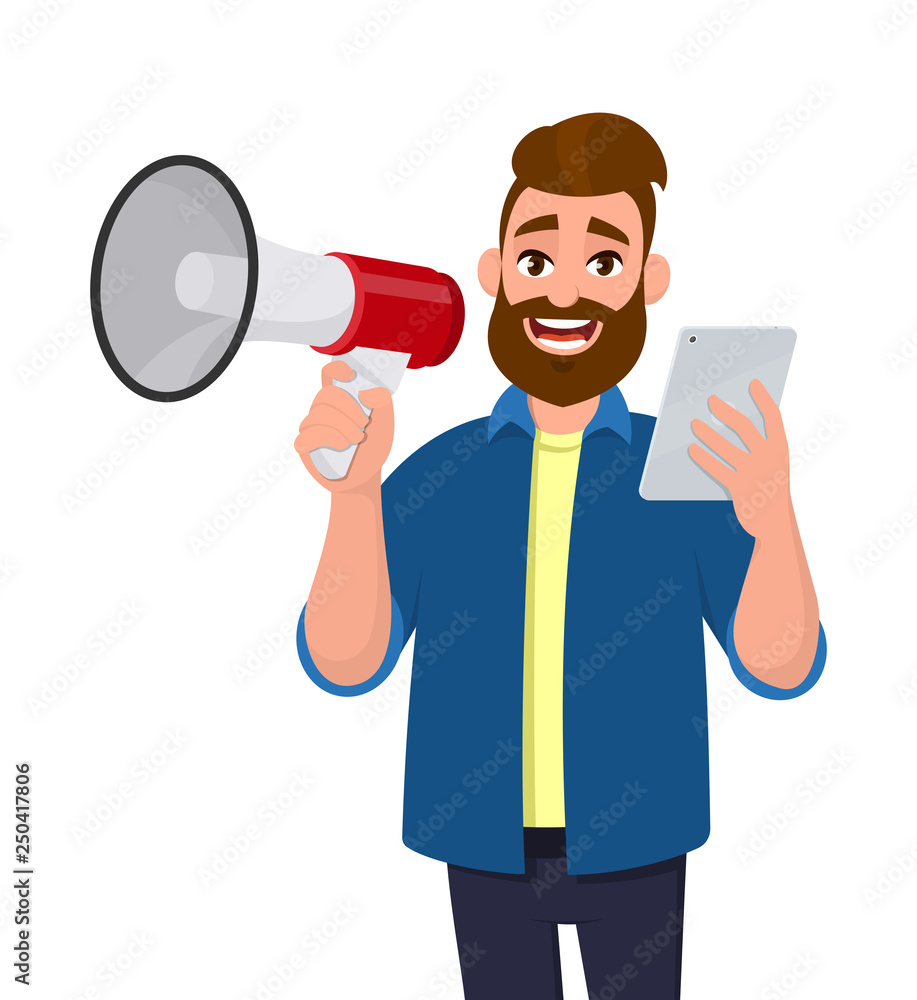 Young man holding a megaphone or loudspeaker and showing a pad, tablet computer PC in hand. Announcement, sales, offer, product introduction, presentation concept illustration in vector cartoon style. Young man holding a megaphone or loudspeaker and showing a pad, tablet computer PC in hand. Announcement, sales, offer, product introduction, presentation concept illustration in vector cartoon style.