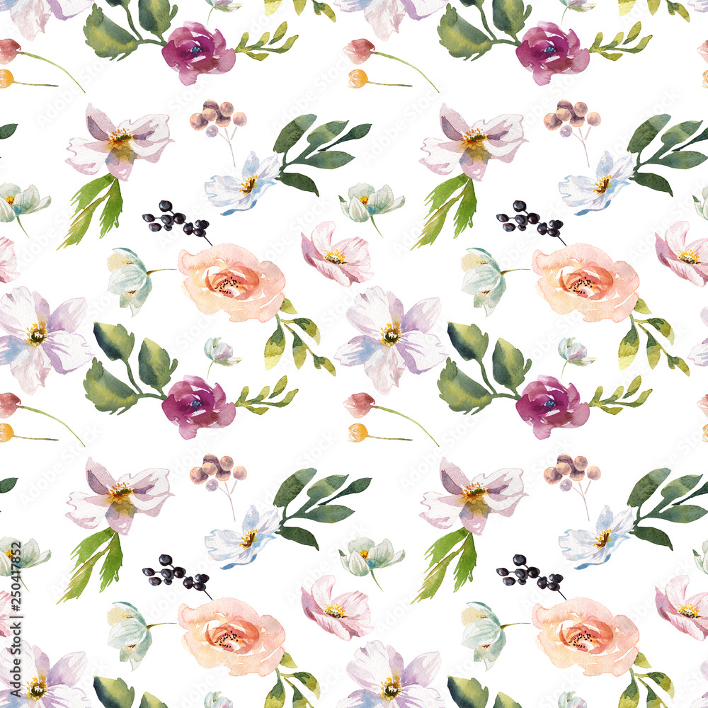 Wedding romantic rustic bridal seamless pattern. White purple and white flowers green leaves ornament