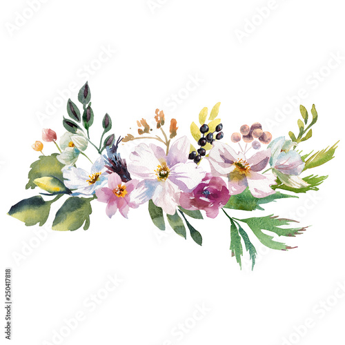 Wedding bridal romanric rustic bouquet. Hand drawing watercolor red and pink and green flowers ornament