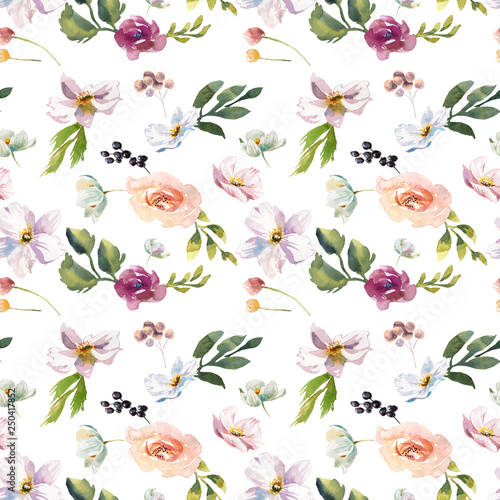 Wedding romantic rustic bridal seamless pattern. White purple and white flowers green leaves ornament