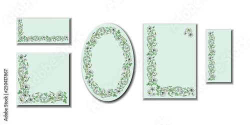 Set of floral frames with field flowers on light green background, vector.