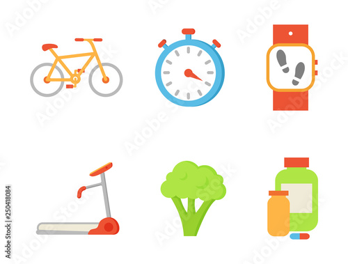 Treadmill and broccoli isolated icons set. Bicycle and timer clock, wristband pedometer indicator and bottles with vitamins, pills and capsules vector