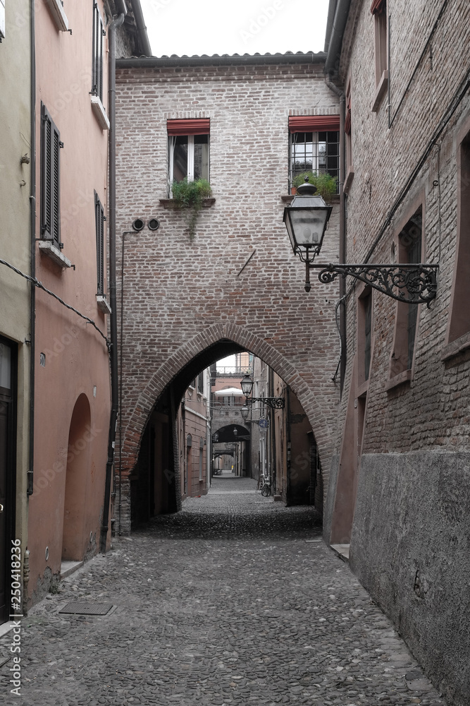 The streets of the Historic  Center of Ferrara, Italy. 27 January 2019