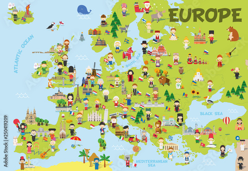 Funny cartoon map of Europe with childrens of different nationalities, representative monuments, animals and objects of all the countries. Vector illustration for preschool education and kids design.