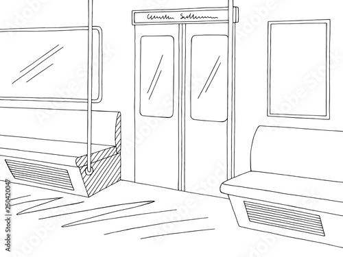 Train interior graphic metro subway black white sketch illustration vector