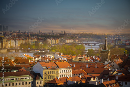 Aerial view of the Bridge with a cityscape in sunset sky scene at Prague, Czech Republic