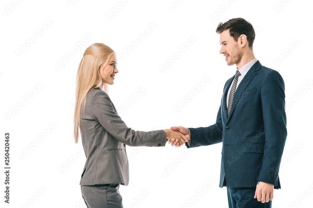 businesspeople shaking hands and making deal isolated on white businesspeople shaking hands and making deal isolated on white