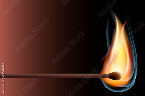 Realistic burning match on gradient background. Open flame. Light in the darkness. Vector Illustration, EPS10.