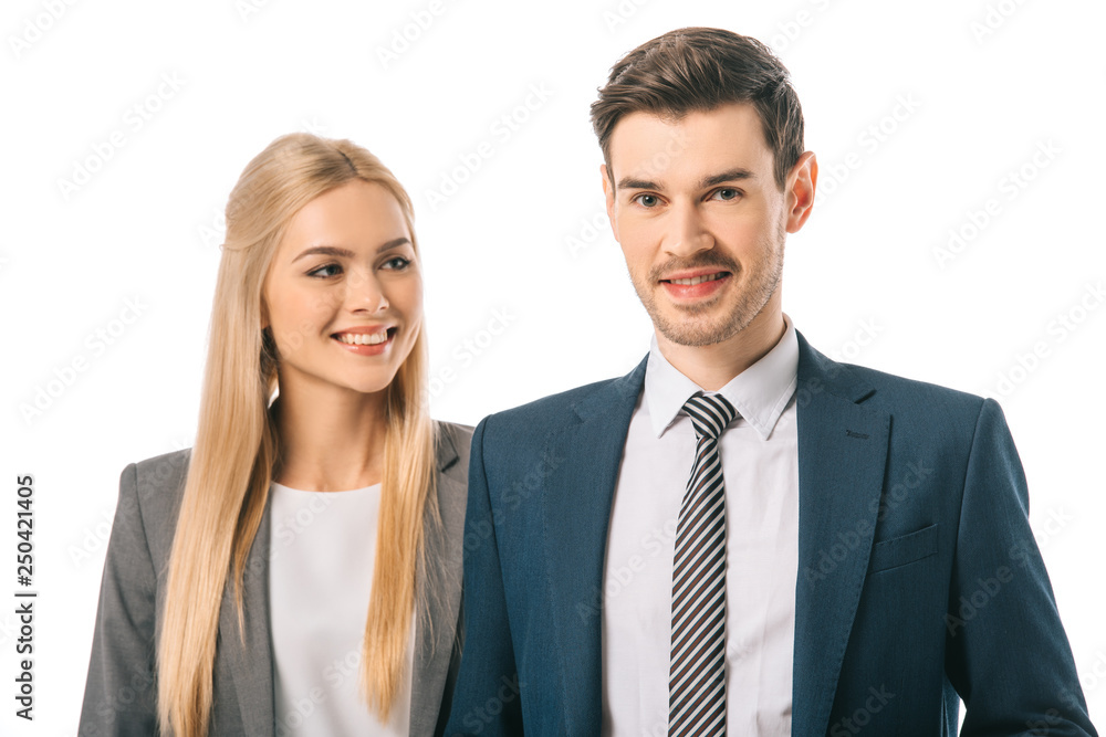 confident successful businesspeople posing in suits isolated on white confident successful businesspeople posing in suits isolated on white
