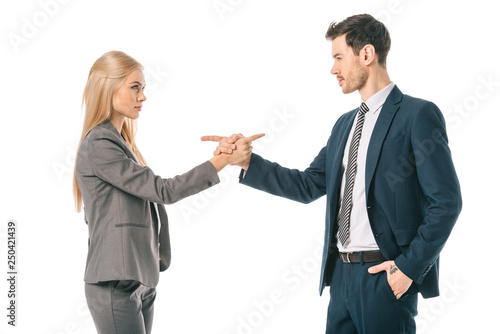 professional serious businesspeople pointing at each other, isolated on white