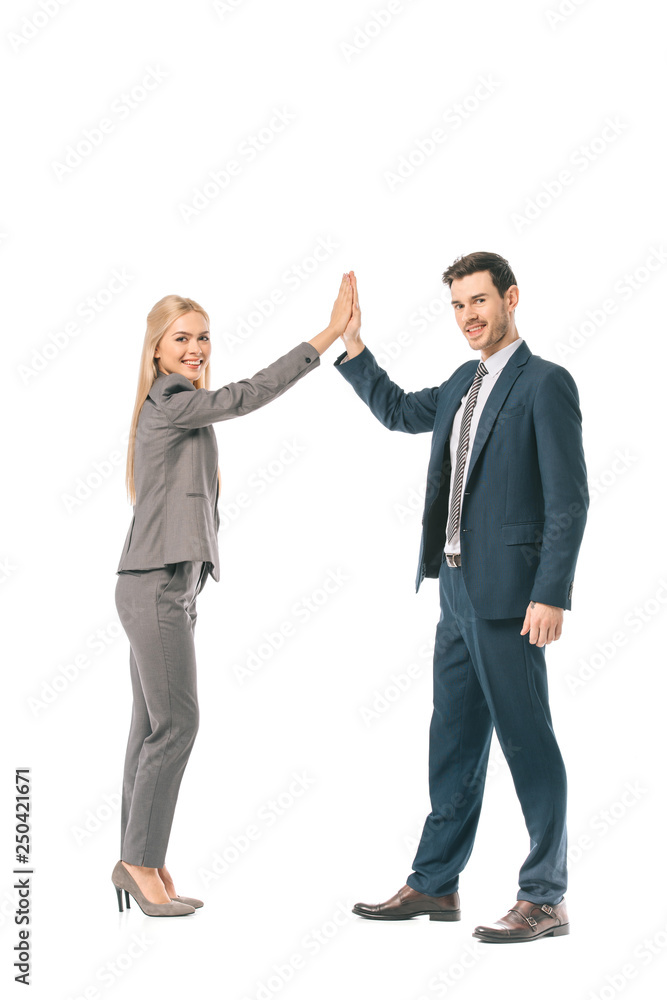 smiling successful business coworkers giving highfive isolated on white smiling successful business coworkers giving highfive isolated on white