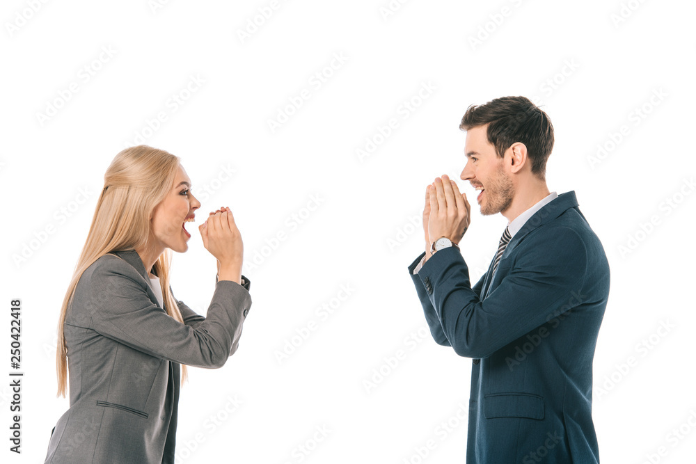 excited businesspeople screaming at each other isolated on white excited businesspeople screaming at each other isolated on white