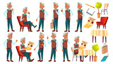 Arab, Muslim Old Man Poses Set Vector. Elderly People. Senior Person. Aged. Funny Pensioner. Leisure. Announcement, Cover Design. Isolated Cartoon Illustration