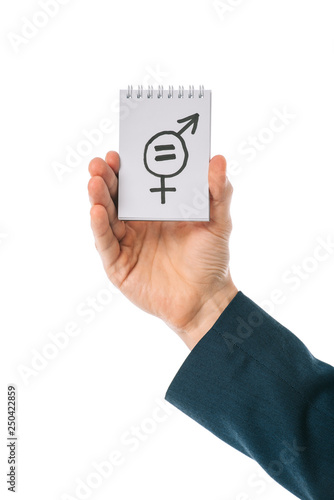 partial view of businessman holding gender equality sign in hand, isolated on white