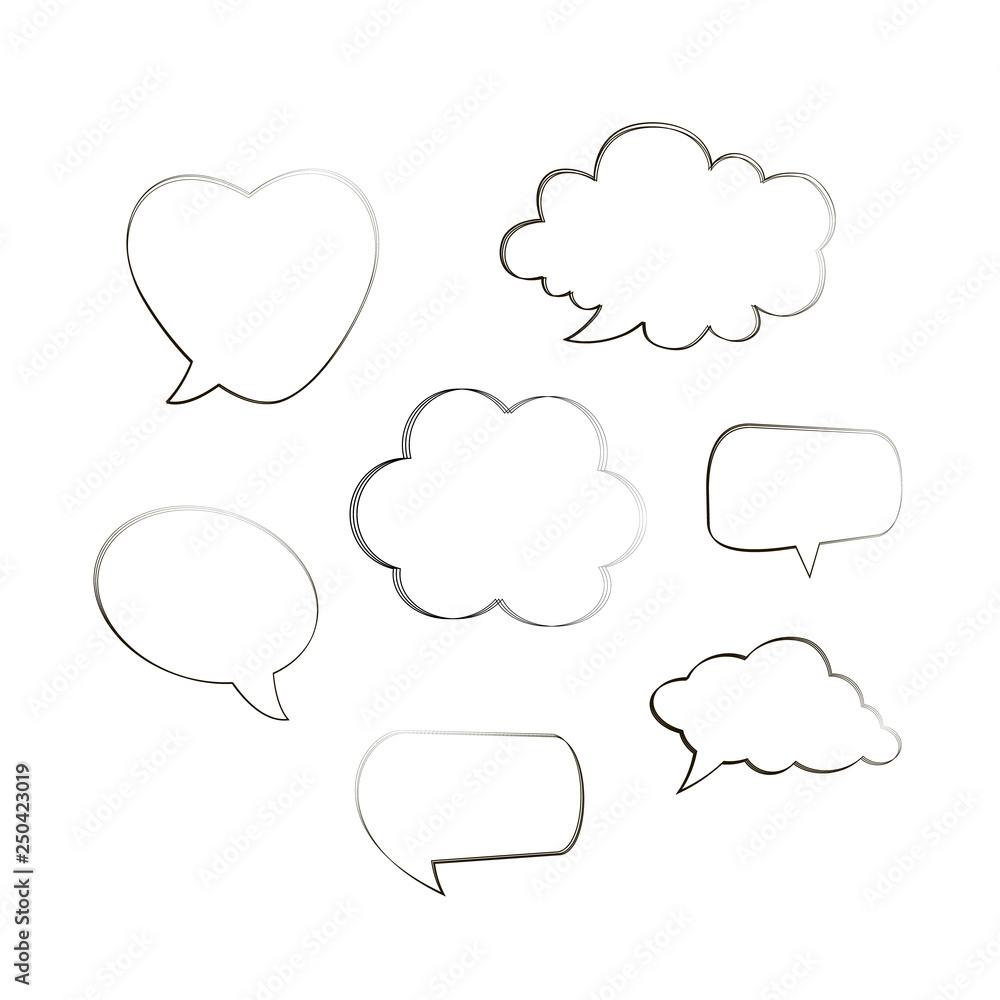 Collection of hand drawn think and talk speech bubbles message. Doodle style black comic balloon, cloud, heart shaped design elements. Isolated vector. Line bubbles on white background Collection of hand drawn think and talk speech bubbles message. Doodle style black comic balloon, cloud, heart shaped design elements. Isolated vector. Line bubbles on white background