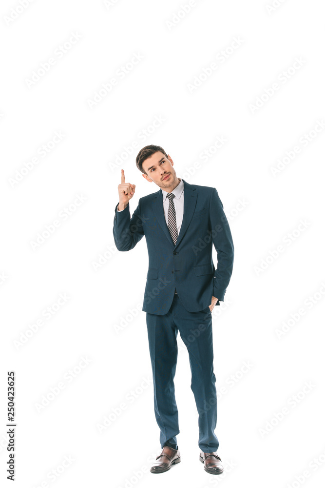 pensive businessman pointing up isolated on white pensive businessman pointing up isolated on white
