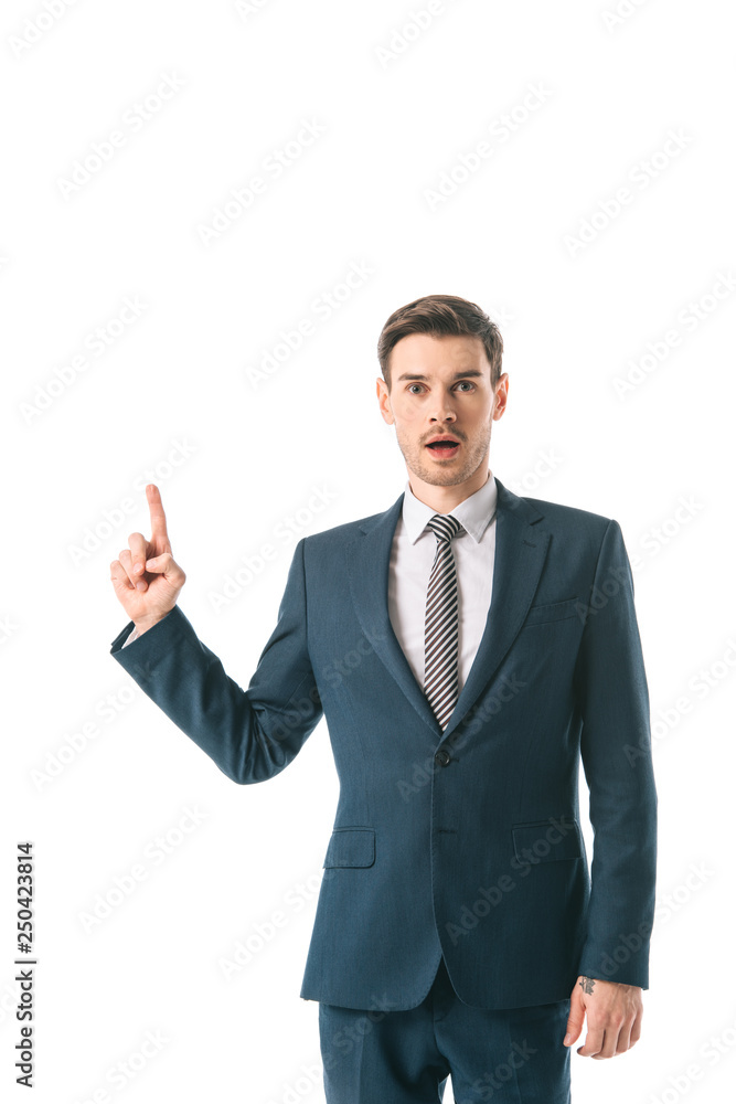 shocked businessman having idea and pointing up isolated on white shocked businessman having idea and pointing up isolated on white