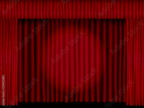 Beautiful black theatre stage vector with red folded curtain drapes lit with a spotlight.